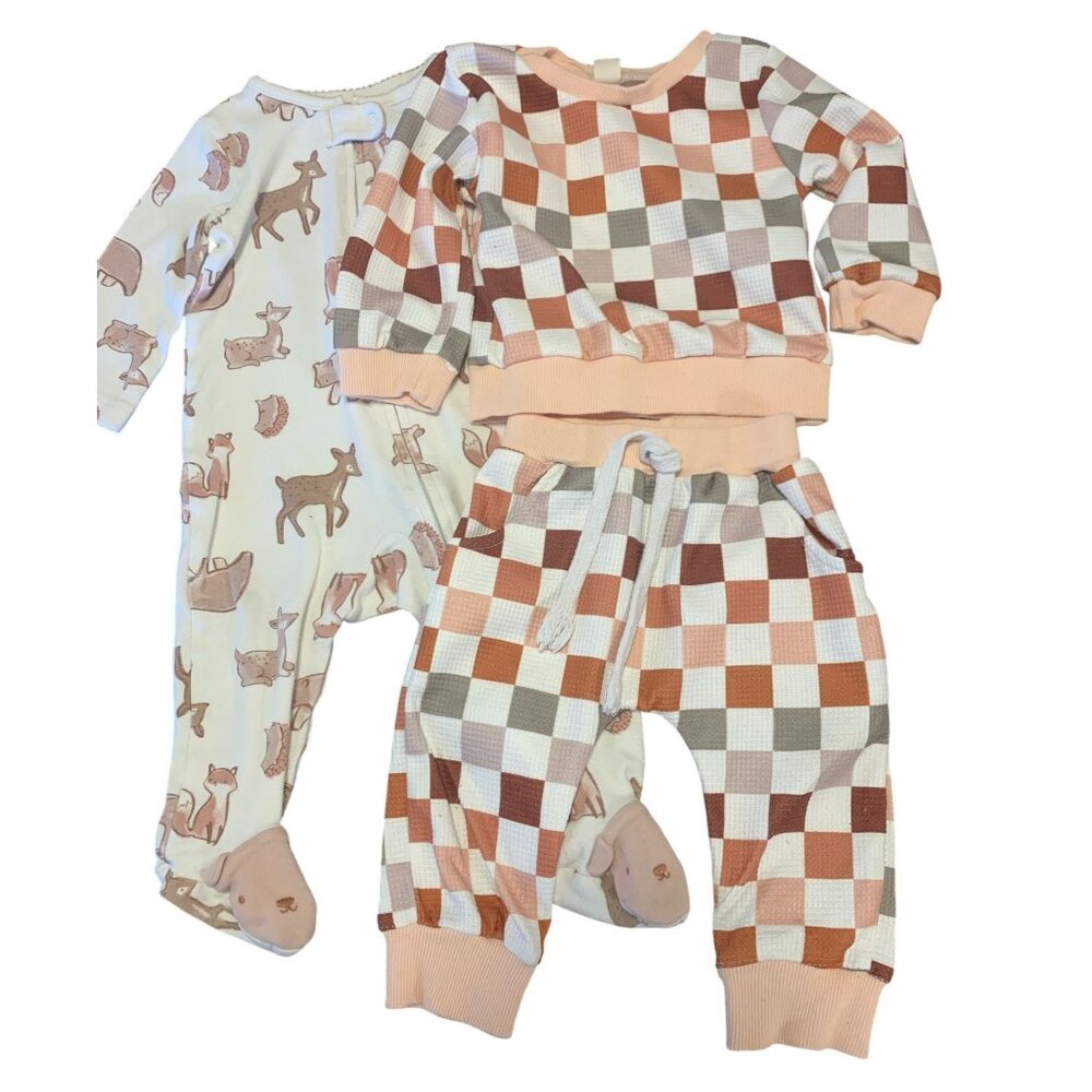 Carters Just One You 6M Animal Print Onesie & Colorblock Checkered Sweat Set